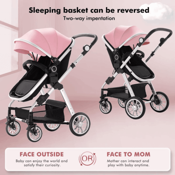 Baby Stroller for Toddler,Bassinet Stroller,Foldable Aluminum Alloy Pushchair with Adjustable Backrest,Adjustable Direction Pink - Image 2