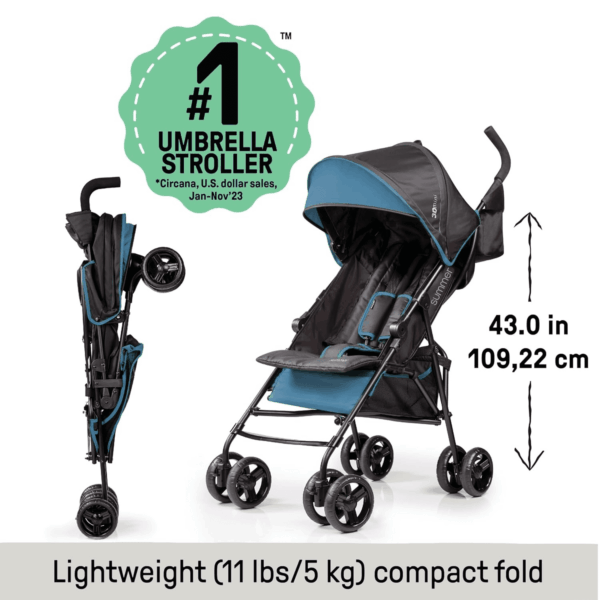 Summer by  3D Mini Convenience Stroller – Lightweight Stroller with Compact Fold, Multi-Position Recline, Canopy with Pop Out Sun Visor – Umbrella Stroller for Travel & More, Blue/Black - Image 2
