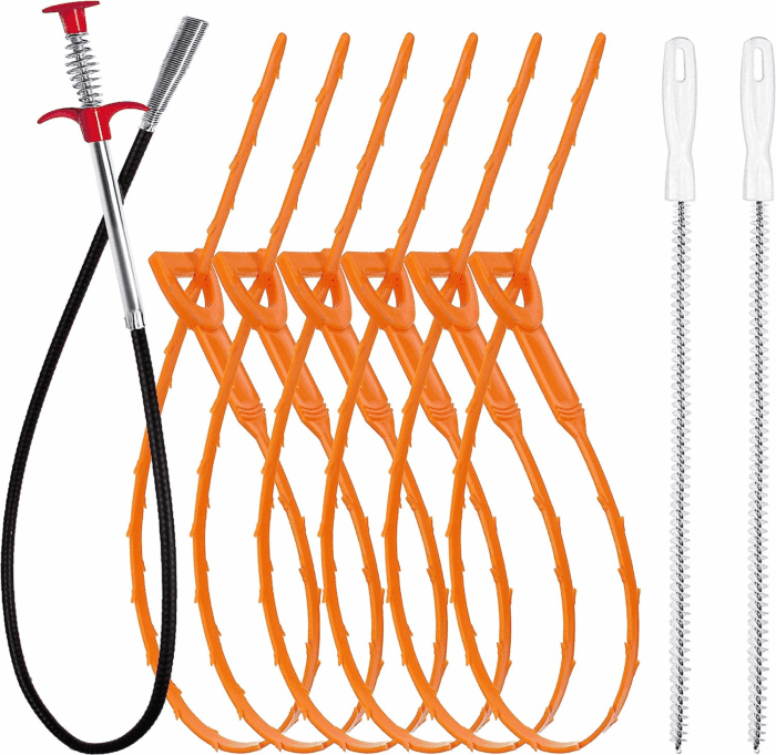 35.5Inch Drain Clog Remover(1Pcs), 25Inch Drain Snake Hair Remover(6Pcs) ＆ Cleaning Brush(2Pcs), Hair Catcher Drain Auger Cleaner Tool Set for Toilet, Kitchen Sink, Bathroom Tub, Sewer, 9 Pack