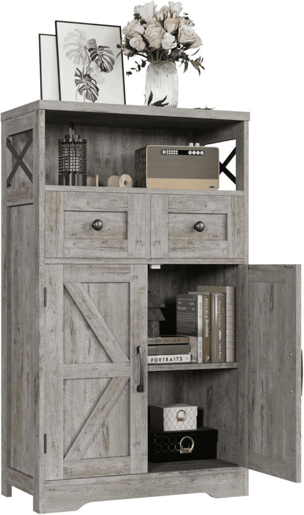 Farmhouse Storage Cabinet with Drawers and Adjustable Shelves, Freestanding Kitchen Pantry Storage Cabinet, Floor Storage Cupboard for Dining Living Room Home Office, Washed Grey - Image 3