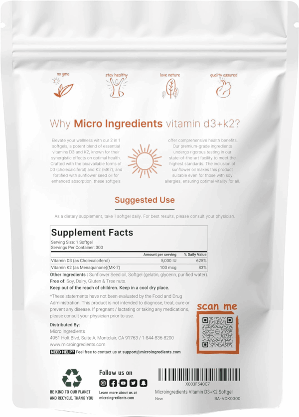 Vitamin D3 5000 IU with K2 100 Mcg, 300 Soft-Gels | K2 MK-7 with D3 Vitamin Supplement, 2 in 1 Support Immune, Heart, Joint, Teeth & Bone Health - Easy to Swallow - Image 2