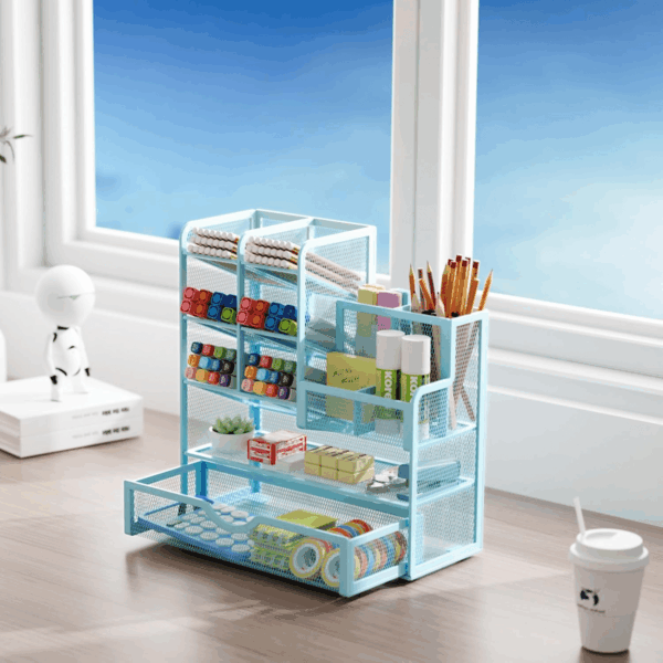 Mesh Pen Holder for Desk, Multi-Functional Pencil Organizer with Drawer, Desk Organizers and Accessories for Office Art Supplies (Blue) - Image 5