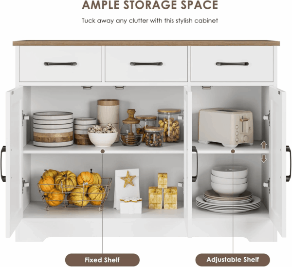 Modern Farmhouse Sideboard Buffet Cabinet, Barn Doors Buffet Storage Cabinet with Drawers and Shelves, Wood Coffee Bar with Storage for Kitchen, Dining Room, Living Room, White - Image 8