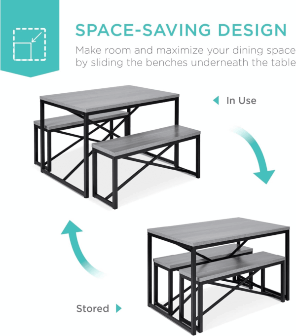 45.5In 3-Piece Bench Style Dining Furniture Set, 4-Person Space-Saving Dinette for Kitchen, Dining Room W/ 2 Benches, Table - Gray/Black - Image 5