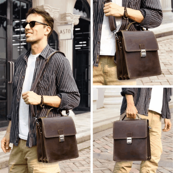 Full Grain Leather Small Messenger Bag for Men with Lock Briefcase Travel Crossbody Shoulder Bag - Image 2