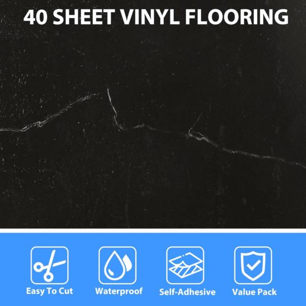 40 Sheet Vinyl Flooring 12X12 Peel and Stick Floor Tile Waterproof Clearance Vinyl Floor Tiles Black Marble Self Adhesive Floor Tiles Sticky Laminate Flooring for Bathroom Kitchen Basement RV - Image 3
