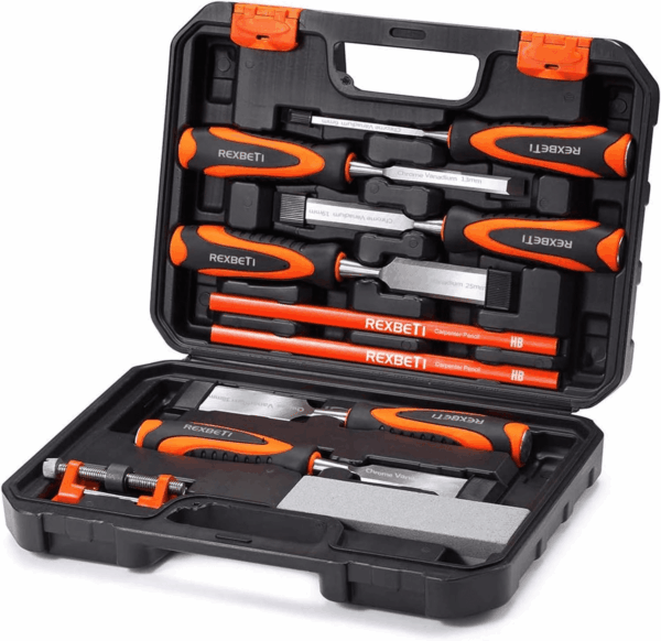 10Pcs Premium Wood Chisel Set, 6Pcs Wood Chisel with 1 Honing Guide, 1 Sharpening Stone and 2 Carpenter Pencils, Heat-Treated Cr-V Alloy Blades