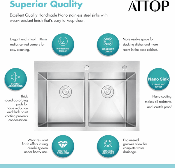 33 Inch Large Double Bowls Drop in Kitchen Sink,Nano Coating Stainless Steel Handmade Topmount Kitchen Sink - Image 3