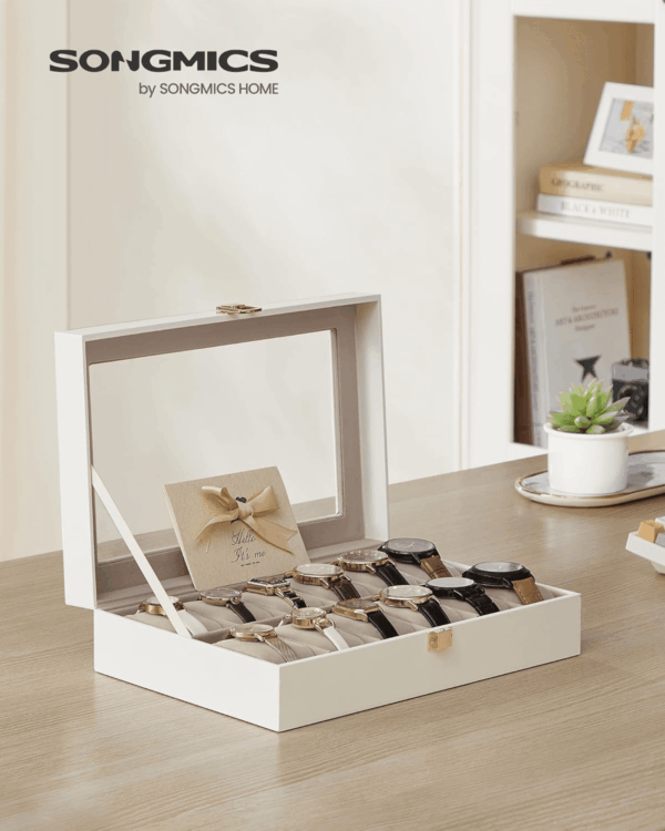 Watch Box, 12-Slot Watch Case with Large Glass Lid, Removable Watch Pillows, Watch Box Organizer, Gift for Loved Ones, Cloud White Synthetic Leather, Cappuccino Beige Lining UJWB120W01 - Image 2