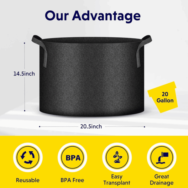 20 Gallon (Pack of 5) Plant Grow Bags Thickened Nonwoven Aeration Fabric Pots Heavy Duty Durable Container, Strap Handles for Garden, Black - Image 2