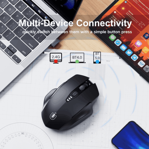 Bletooth Mose,[pgraded] Rechargeable Wireless Mose (BT 5.0/4.0+2.4G Hz),Compter Mose with Visible Battery Level, 4 Adjstable DPI, Portable PC Mose for Macbook Chromebook,Black - Image 2