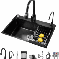 Black Kitchen Sink, Stainless Steel Single Bowl Sink, Drop In/Topmount Workstation Sink with Sliding Accessories, Farmhouse Workstation Sink with Multiple Accessories (19.7 X 17.7In), RXZE031