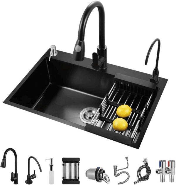 Black Kitchen Sink, Stainless Steel Single Bowl Sink, Drop In/Topmount Workstation Sink with Sliding Accessories, Farmhouse Workstation Sink with Multiple Accessories (19.7 X 17.7In), RXZE031