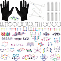 156PC Body Piercing Kit - 14G 16G 18G 20G - Belly Ring Nose Septum Tragus Ear Cartilage Industrial - Horseshoe Ring Hoop Barbell Stud Spike - Random Mix Jewelry