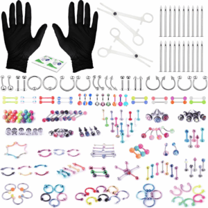 156PC Body Piercing Kit - 14G 16G 18G 20G - Belly Ring Nose Septum Tragus Ear Cartilage Industrial - Horseshoe Ring Hoop Barbell Stud Spike - Random Mix Jewelry