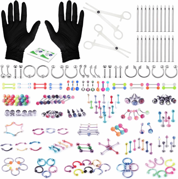 156PC Body Piercing Kit - 14G 16G 18G 20G - Belly Ring Nose Septum Tragus Ear Cartilage Industrial - Horseshoe Ring Hoop Barbell Stud Spike - Random Mix Jewelry