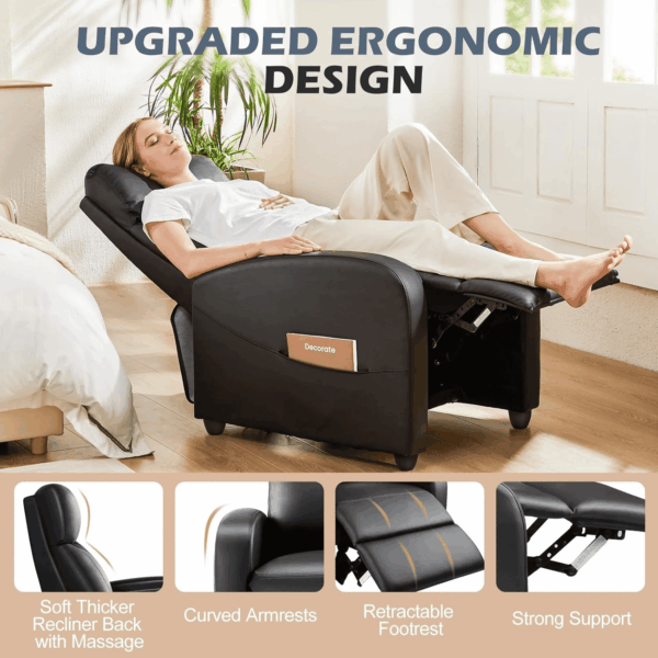 Recliner Chair for Adults, Massage PU Leather Small Recliner Home Theater Seating with Lumbar Support, Adjustable Modern Reclining Chair with Padded Seat Backrest, Living Room (Black) - Image 5