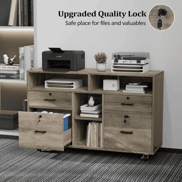 Wide 4 Drawer File Cabinet with Lock, Rustic Grey Rolling File Cabinet with Open Shelves, Lockable Printer Stand, Letter Sized - Image 5