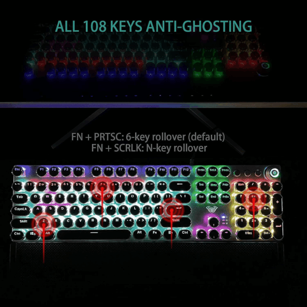 F2088 Typewriter Style Mechanical Gaming Keyboard Blue Switches,Rainbow LED Backlit,Removable Wrist Rest,Media Control Knob,Retro Punk round Keycaps,Usb Wired Computer Keyboard - Image 6