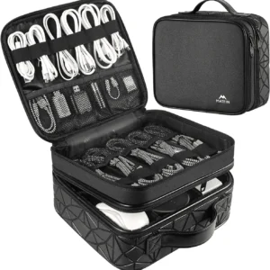 Cable Organizer Bag, Waterproof Travel Electronic Storage with Adjustable Divider, Shockproof Portable Double Layer Tech Bag Carrying Case for Cord, Earbuds, Charger, SD Card, DJ Gifts, Black