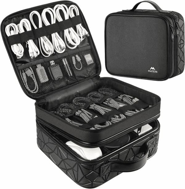 Cable Organizer Bag, Waterproof Travel Electronic Storage with Adjustable Divider, Shockproof Portable Double Layer Tech Bag Carrying Case for Cord, Earbuds, Charger, SD Card, DJ Gifts, Black
