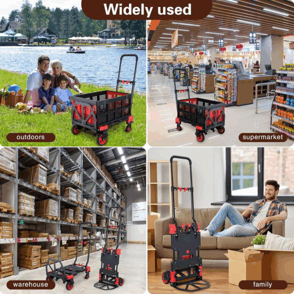 2-In-1Hand Truck Dolly Foldable with Folding Basket,330Lbs Capacity Handtruck,Hand Truck Foldable Dolly with 4 Wheels,Dolly Cart with Retractable Handle,Folding Hand Cart for Moving - Image 6