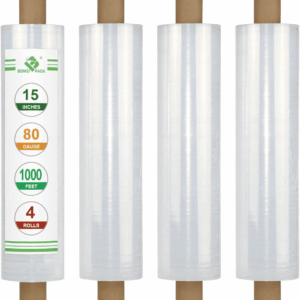 Stretch Film Wrap - Industrial Clear Plastic Stretch Wrap 1000 Feet 80 Gauge 4 Packs with Handle, Pallet Wrap for Packing, Moving Supplies, Packing Wrap Plastic Roll 15 Inches