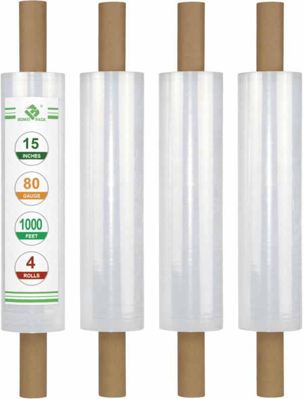 Stretch Film Wrap - Industrial Clear Plastic Stretch Wrap 1000 Feet 80 Gauge 4 Packs with Handle, Pallet Wrap for Packing, Moving Supplies, Packing Wrap Plastic Roll 15 Inches