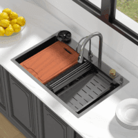 33 Drop Kitchen Sink with Faucet Combo 33"X22" Waterfall Kitchen Sink Workstation Gunmetal Black 16 Gauge Single Bowl Topmount Handmade Sinks with Pull Out Faucet, Glass Rinser Included - Image 3