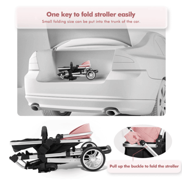 Baby Stroller for Toddler,Bassinet Stroller,Foldable Aluminum Alloy Pushchair with Adjustable Backrest,Adjustable Direction Pink - Image 6