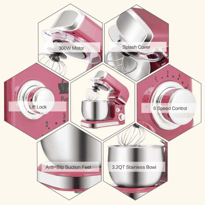Stand Mixer,3.2Qt Small Electric Food Mixer,6 Speeds Portable Lightweight Kitchen Mixer for Daily Use with Egg Whisk,Dough Hook,Flat Beater (Purplish-Red) - Image 5