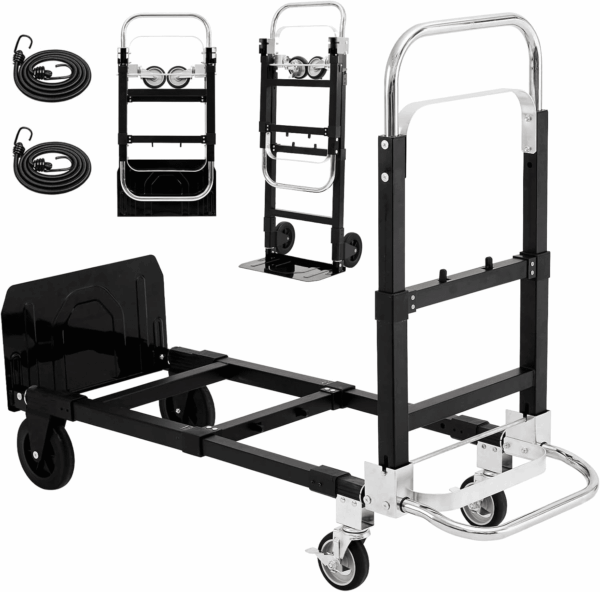 2025 New Upgrade Hand Truck Dolly Heavy Duty 660Lbs Capacity,3 in 1 Folding Hand Truck with Telescoping Handles and Rubber Wheels,Portable Dolly Cart with Brakes and Bungee Cords for Moving