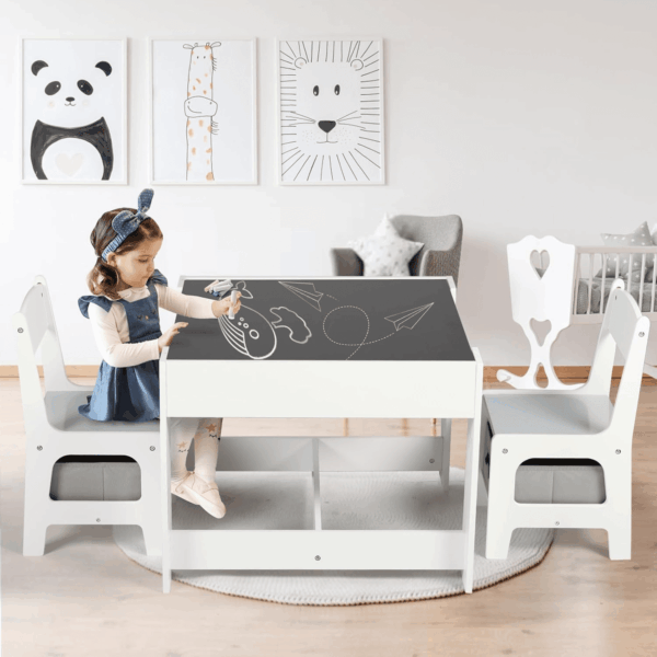 Kids Wood Table & 2 Chairs Set, 3 in 1 Children Activity Table W/Storage, Removable Tabletop, Blackboard, 3-Piece Toddler Furniture Set for Art, Crafts, Drawing, Reading, Playroom, Grey - Image 8