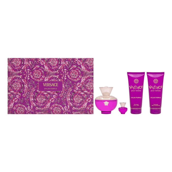 Dylan Purple for Women 4 Piece Set Includes: 3.4 Oz Eau De Parfum Spray + 3.4 Oz Perfumed Bath Shower Gel + 3.4 Oz Perfumed Body Lotion + 0.17 Oz Eau De Parfum