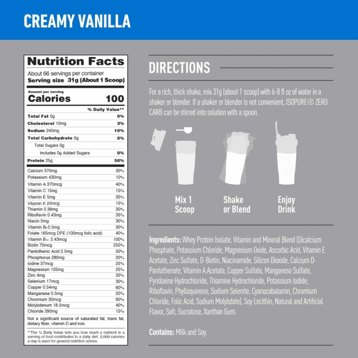 Zero Carb 100% Pure Whey Isolate Protein Powder, Lactose Free, Gluten Free, with Vitamins, Creamy Vanilla, 25G Protein per Serving, 4.5 Lbs, 66 Servings - Image 4