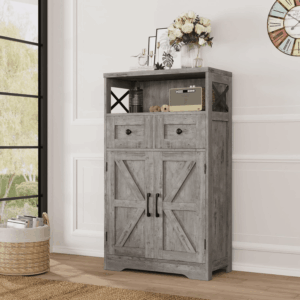 Farmhouse Storage Cabinet with Drawers and Adjustable Shelves, Freestanding Kitchen Pantry Storage Cabinet, Floor Storage Cupboard for Dining Living Room Home Office, Washed Grey