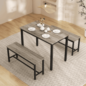 Dining Table Set for 4, Kitchen Room Table Set with 2 Benches, 3-Piece Dining Chairs Set for Breakfast Nook, Grey