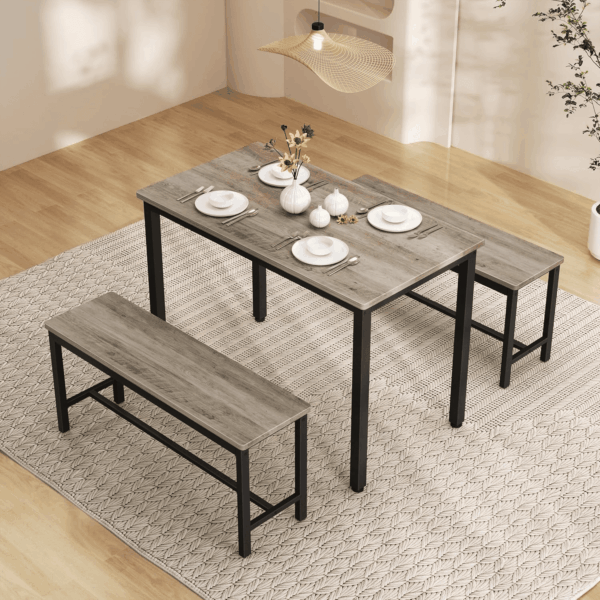 Dining Table Set for 4, Kitchen Room Table Set with 2 Benches, 3-Piece Dining Chairs Set for Breakfast Nook, Grey