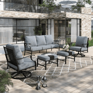 5 Piece Patio Furniture Set, 2 X Swivel Chair, 2 X Ottoman, 1 X 3-Seat Sofa, All Cushioned Outdoor Conversation Set for Lawn Garden Backyard Deck, Grey
