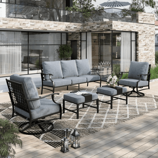 5 Piece Patio Furniture Set, 2 X Swivel Chair, 2 X Ottoman, 1 X 3-Seat Sofa, All Cushioned Outdoor Conversation Set for Lawn Garden Backyard Deck, Grey