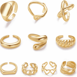 10PCS Gold Dome Chunky Rings for Women 18K Gold Plated Braided Twisted round Signet Rings Adjustable Open Ring Band Statement Jewelry Size 7-9