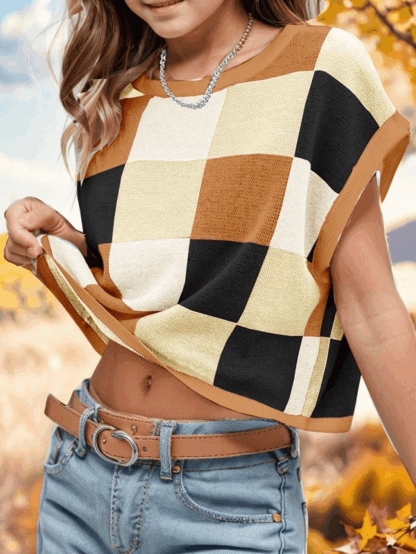 Girls Summer Crop Tops Spring Vest Cute Tanks Cap Sleeve Colorblock Tee Loose Kids Fall Knit Top - Image 4