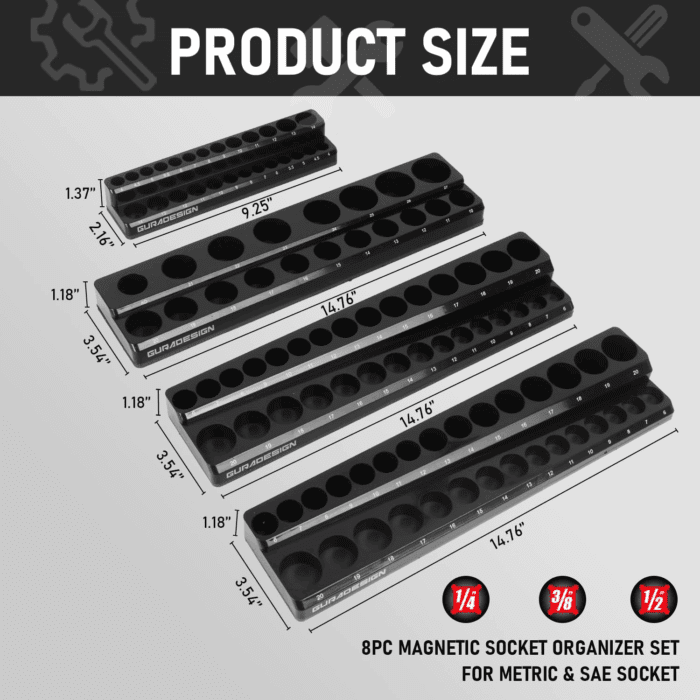 8PCS Magnetic Socket Organizer Set, Magnetic Socket Holder, 1/4", 3/8", 1/2" Socket Holds 171 Pieces Magnetic Socket Trays. - Image 2
