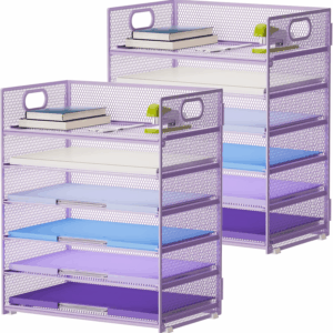 2 Pack Desk Organizer with Handle, 6 Tier Paper Letter Tray, Mesh Desk File Organizer for Office, School and Home - Purple