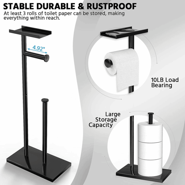Black Toilet Paper Holder Stand with Phone Shelf, Bathroom Toliet Decor Decoration. Tissue Roll Free Standing Storage, Rv Accessories, Apartment Restroom Household Home Essentials - Image 3