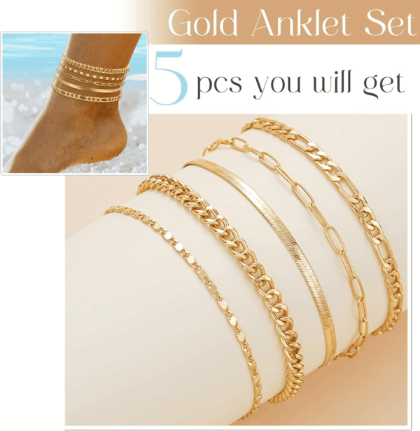 Gold Ankle Bracelets for Women, 14K Gold Plated Waterproof Cuban Link Chain Anklets Set, Layered Anklet Bracelets for Women Beach Gift Adjustable Size 5Pc - Image 5