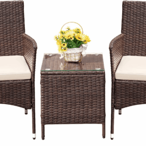 Patio Porch Furniture Sets 3 Pieces PE Rattan Wicker Chairs with Table Outdoor Garden Furniture Sets (Brown/Beige)