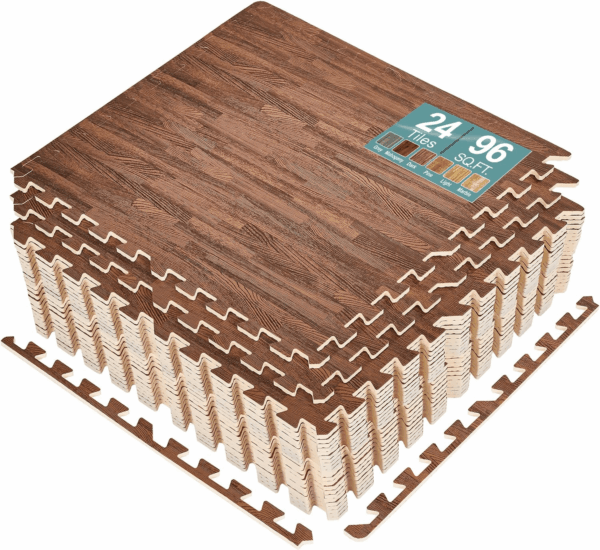 48Sq. Ft. Wood Grain Floor Tiles Foam Mat EVA Interlocking Mats Tile 3/8-Inch Thick Flooring Wood Puzzle Exercise Mats W/Borders - Home Playroom Basement, Apartment, Trade Show, Baby, Dance