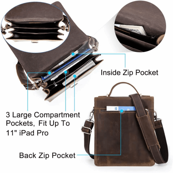 Full Grain Leather Small Messenger Bag for Men with Lock Briefcase Travel Crossbody Shoulder Bag - Image 4