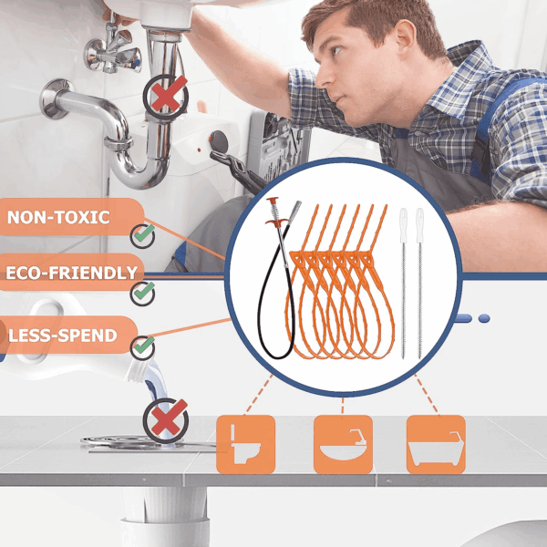 35.5Inch Drain Clog Remover(1Pcs), 25Inch Drain Snake Hair Remover(6Pcs) ＆ Cleaning Brush(2Pcs), Hair Catcher Drain Auger Cleaner Tool Set for Toilet, Kitchen Sink, Bathroom Tub, Sewer, 9 Pack - Image 7